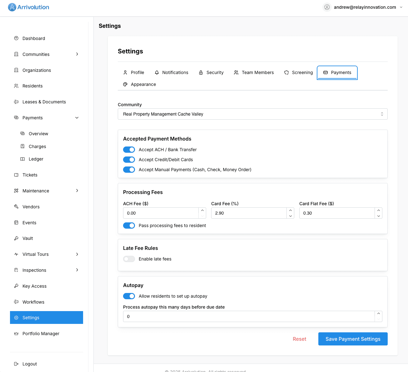 Payment processing settings