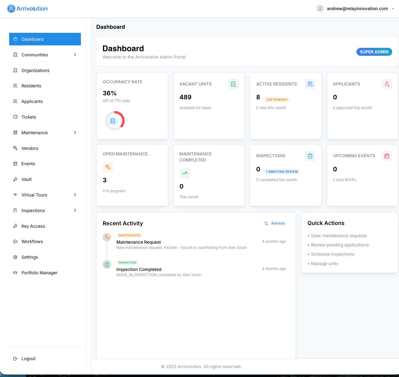 Arrivolution dashboard overview