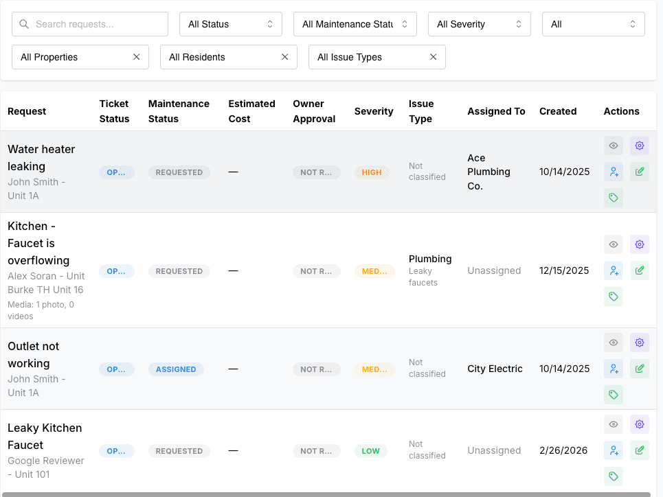 Assigning and tracking maintenance requests