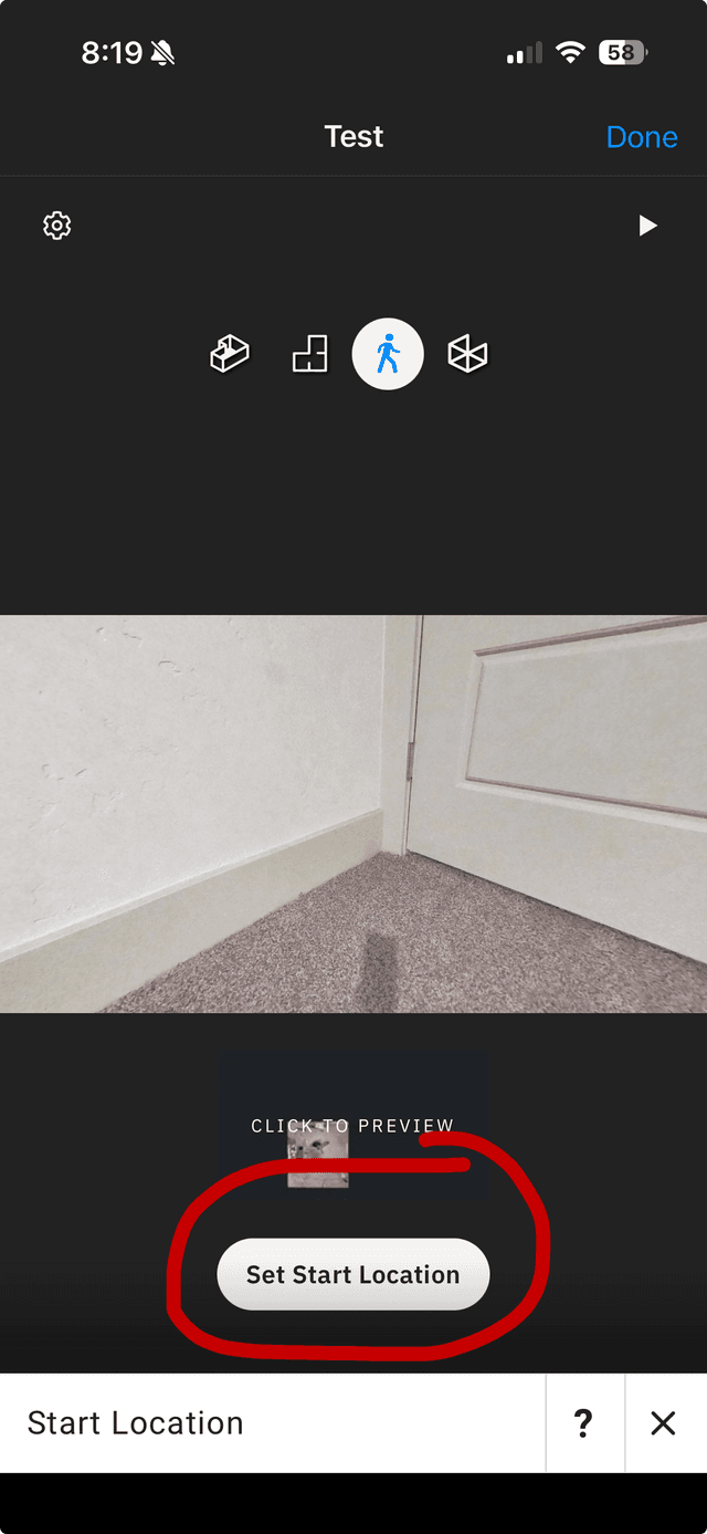 Matterport app — Set Start Location screen